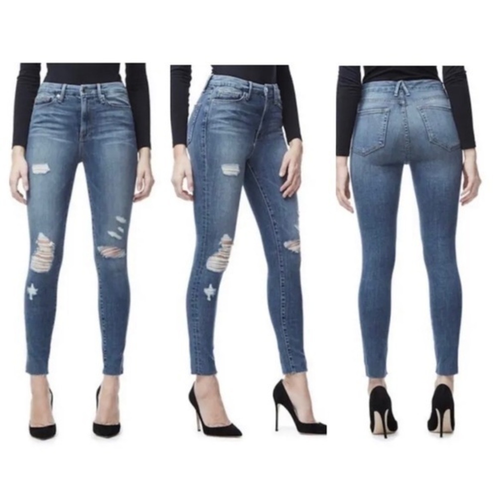Good American Good Waist Raw Hem Distressed Skinny Jeans Blue026 6 28